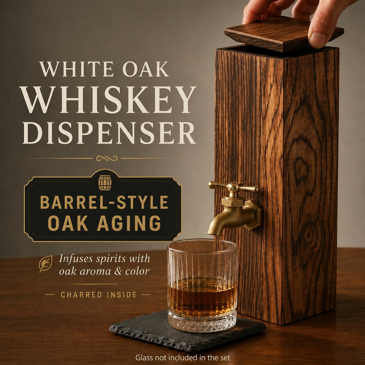 Charred White Oak Whiskey Dispenser | Bourbon Bar Set with Slate Coaster