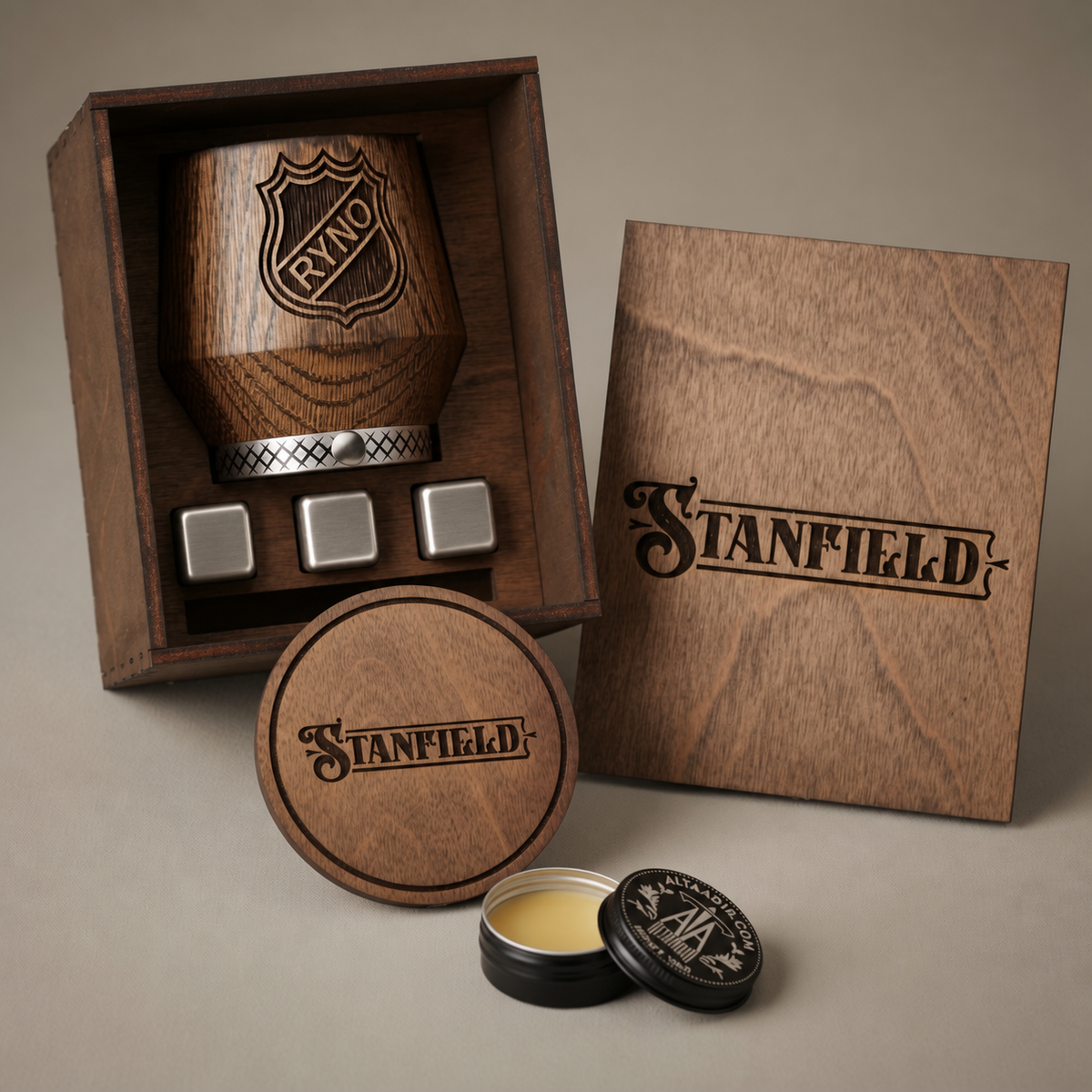 Personalized oak whiskey glass gift set with engraved wooden box, coaster and three whiskey stones