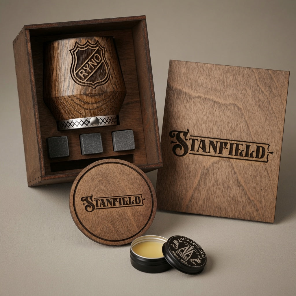 Personalized oak whiskey glass gift set with engraved wooden box, coaster and three whiskey stones