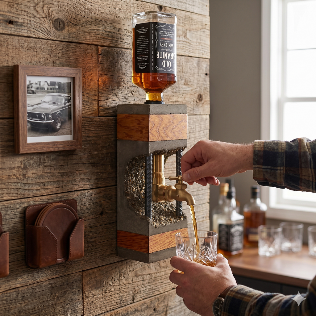 Concrete & Oak Whiskey Dispenser with Slate Coaster