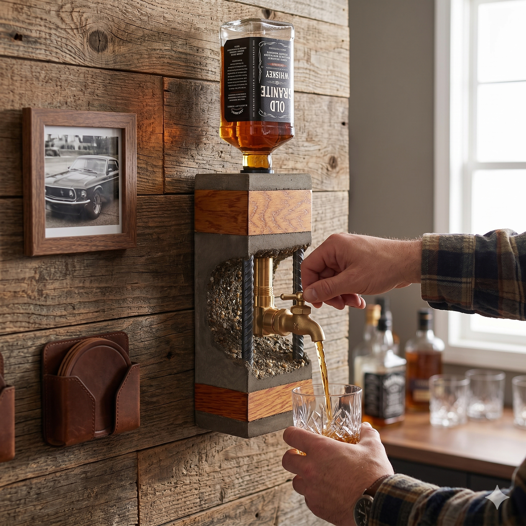 Concrete & Oak Whiskey Dispenser with Slate Coaster