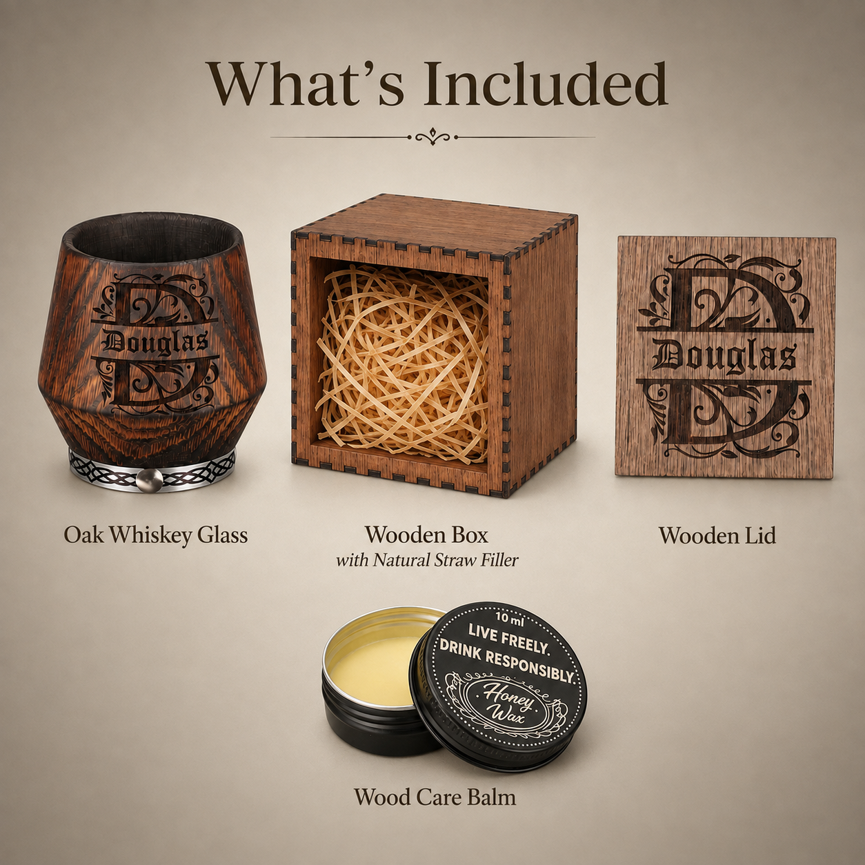 Gift set contents including a charred oak whiskey glass, wooden box, engraved lid, straw filler, and wood care balm.