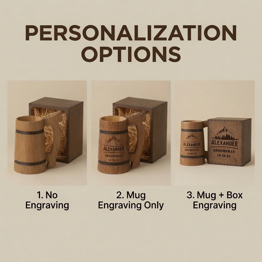 Personalization options for the oak beer mug gift set: no engraving, mug engraving, or mug and box engraving.