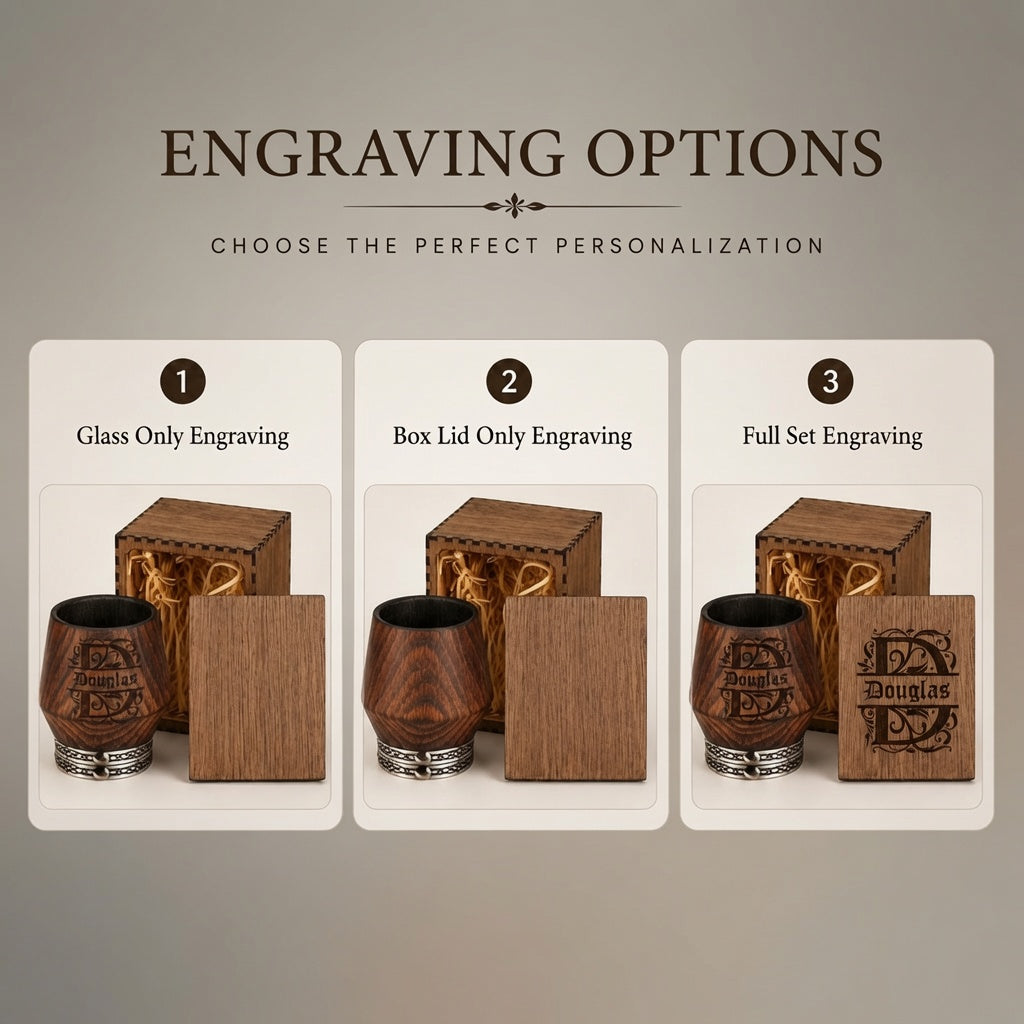 Engraving options for the oak whiskey gift set: glass only, wooden box lid only, or both pieces personalized.