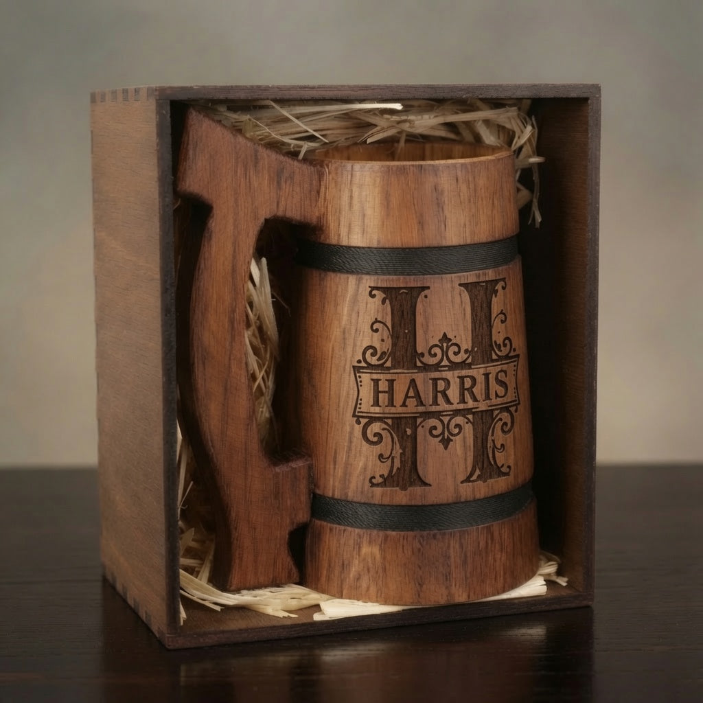 Personalized oak beer mug displayed inside an open wooden gift box with natural straw filler.