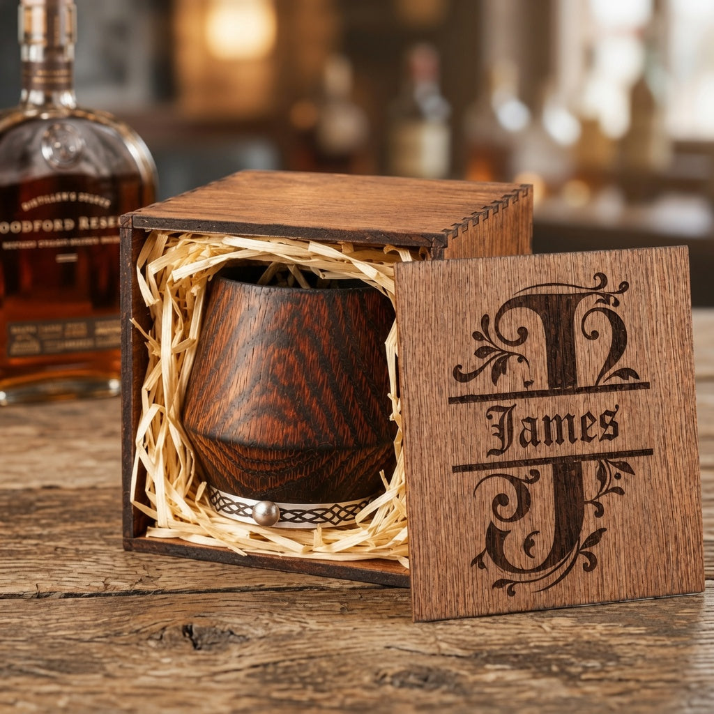 Personalized charred oak whiskey glass displayed inside a wooden gift box with natural straw filler.