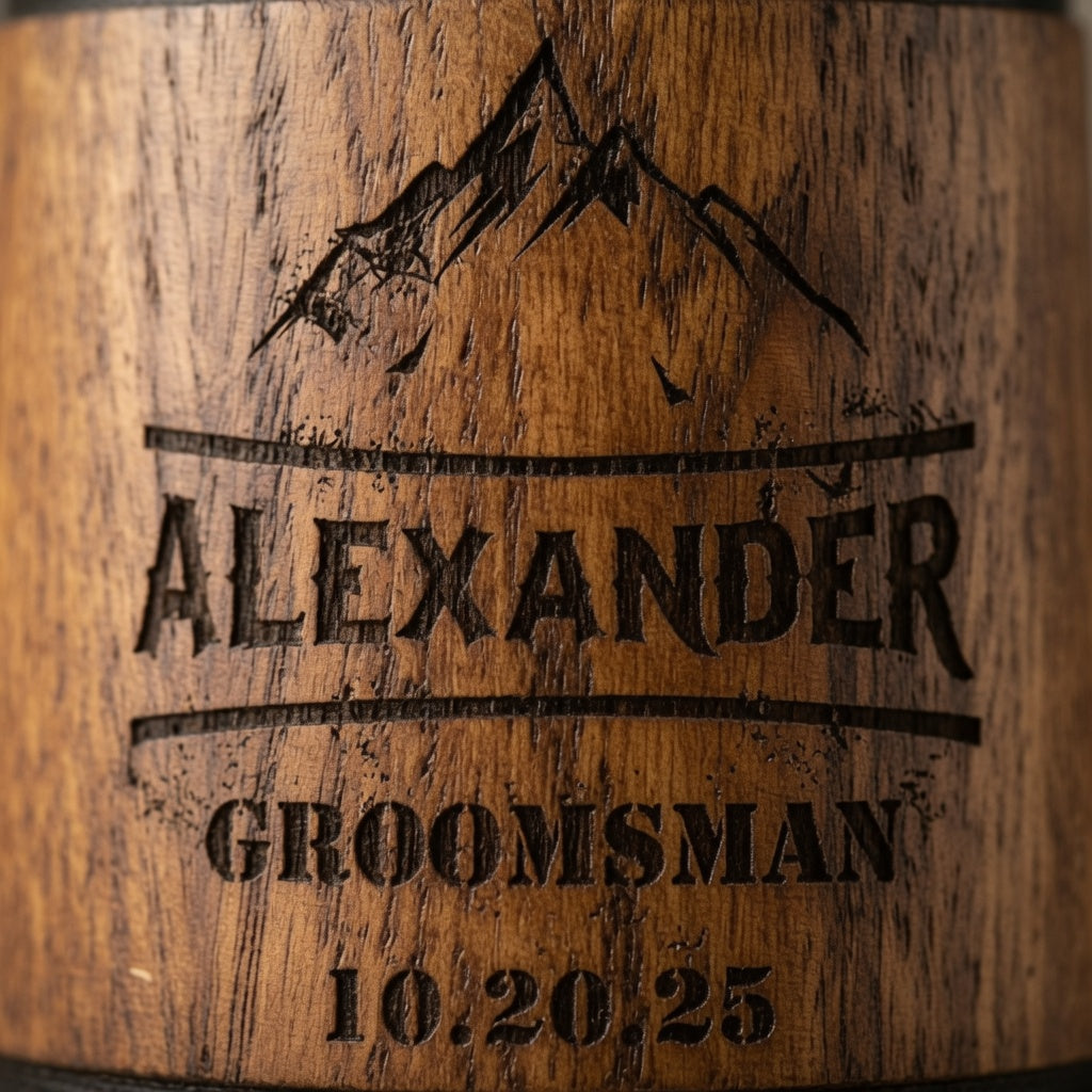 Close-up of an engraved wooden gift box lid personalized with Alexander, Groomsman, and a wedding date.