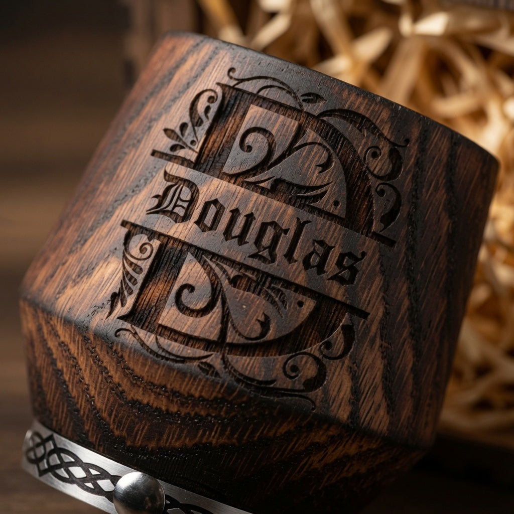Close-up of custom Douglas monogram engraving on a handcrafted charred oak whiskey glass.