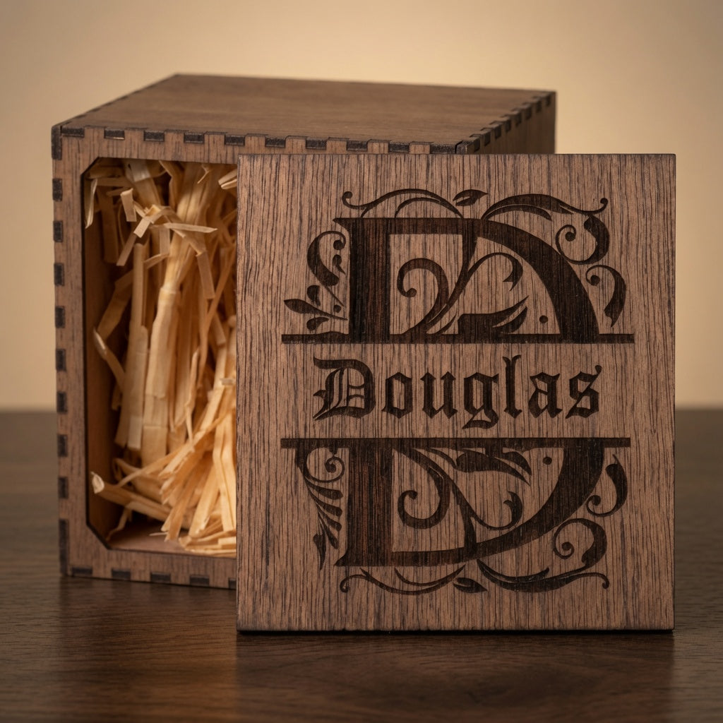 Engraved wooden whiskey gift box lid personalized with a decorative Douglas monogram.