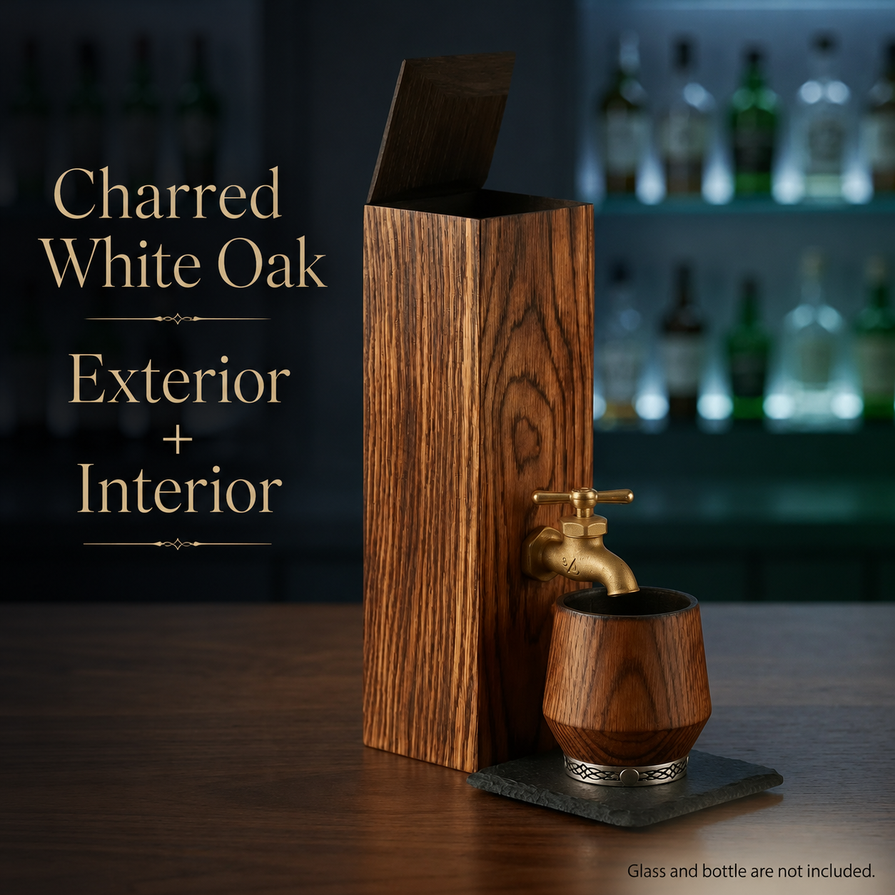 Charred White Oak Whiskey Dispenser | Bourbon Bar Set with Slate Coaster