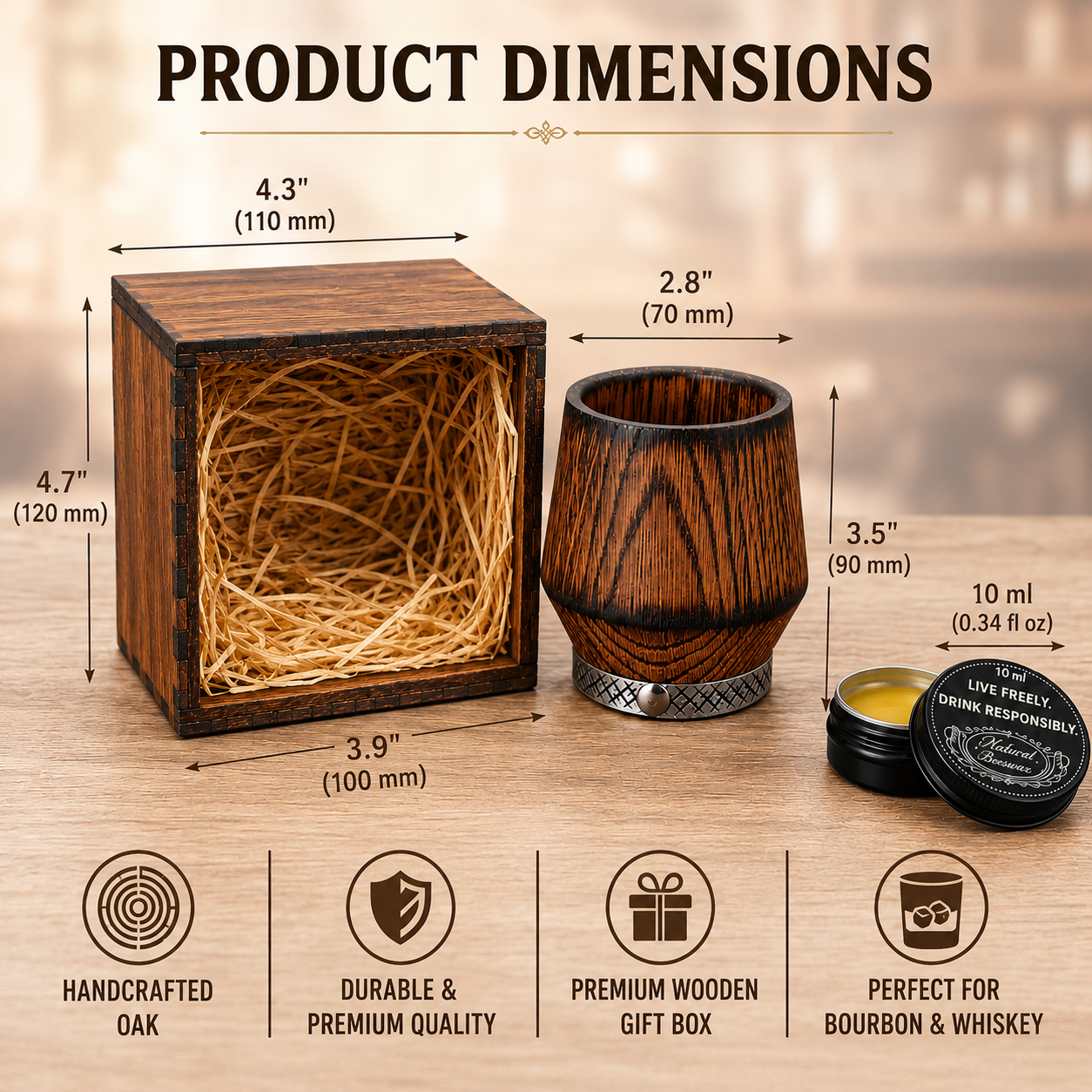 Product dimensions for the 5 oz charred oak whiskey glass, wooden gift box, and included wood care balm.
