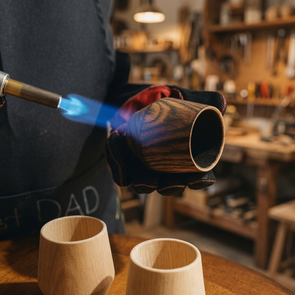 Handcrafted oak whiskey glass being fire-charred during the traditional wood finishing process.