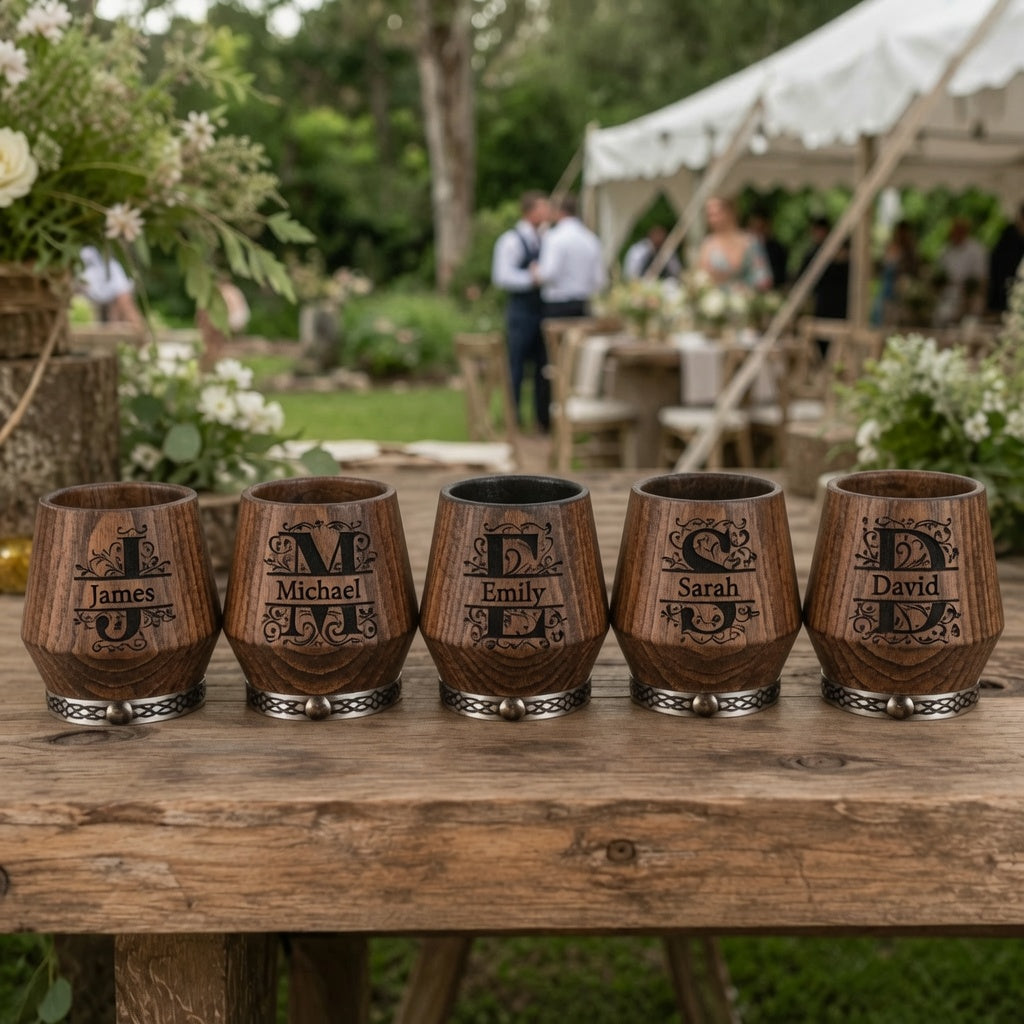Multiple personalized oak whiskey glasses displayed for a wedding party, corporate event, or group gift order.
