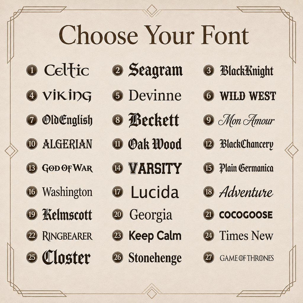 Font selection chart for custom engraving on an oak whiskey glass and wooden gift box lid.