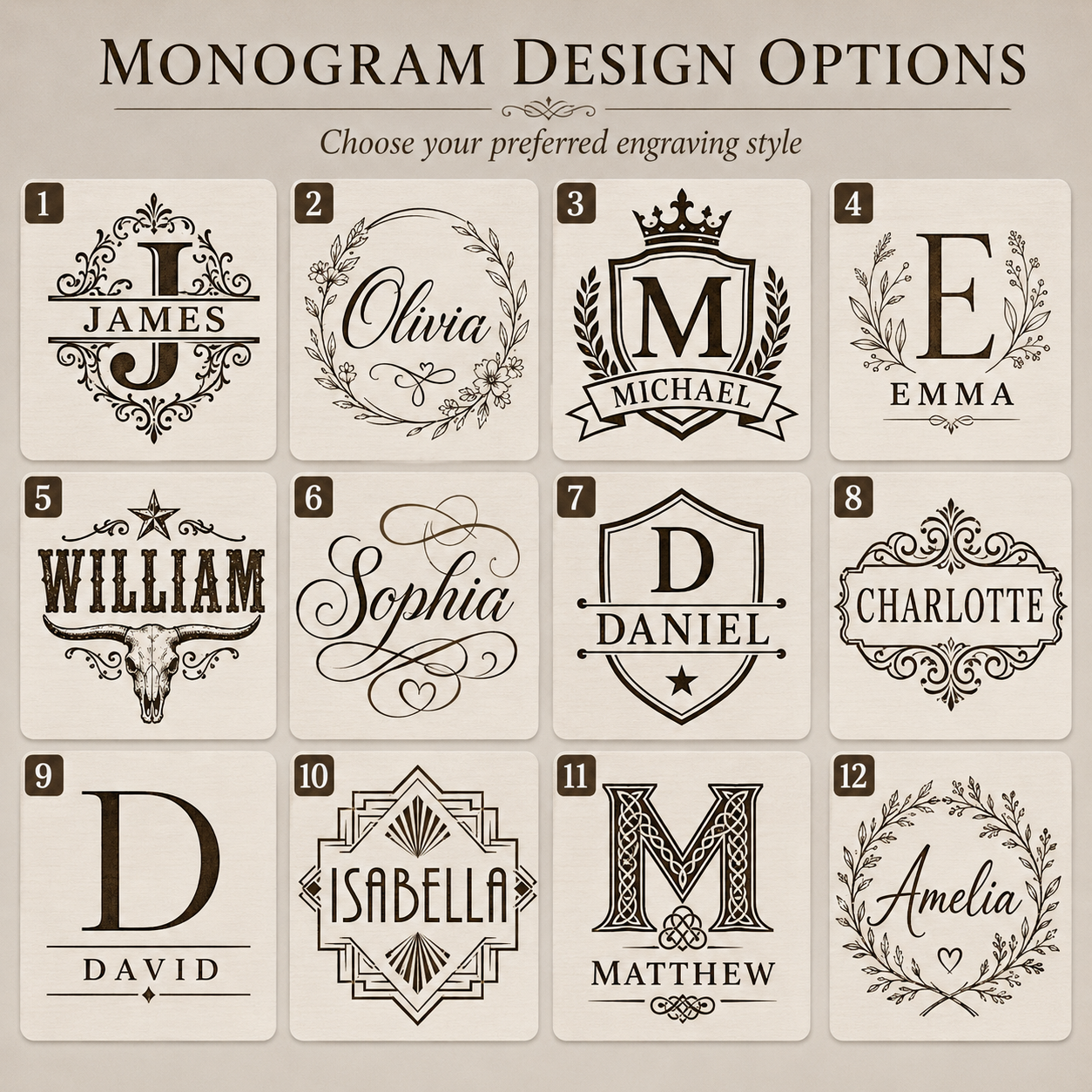 Monogram design options for personalized engraving on an oak whiskey glass and wooden presentation box.
