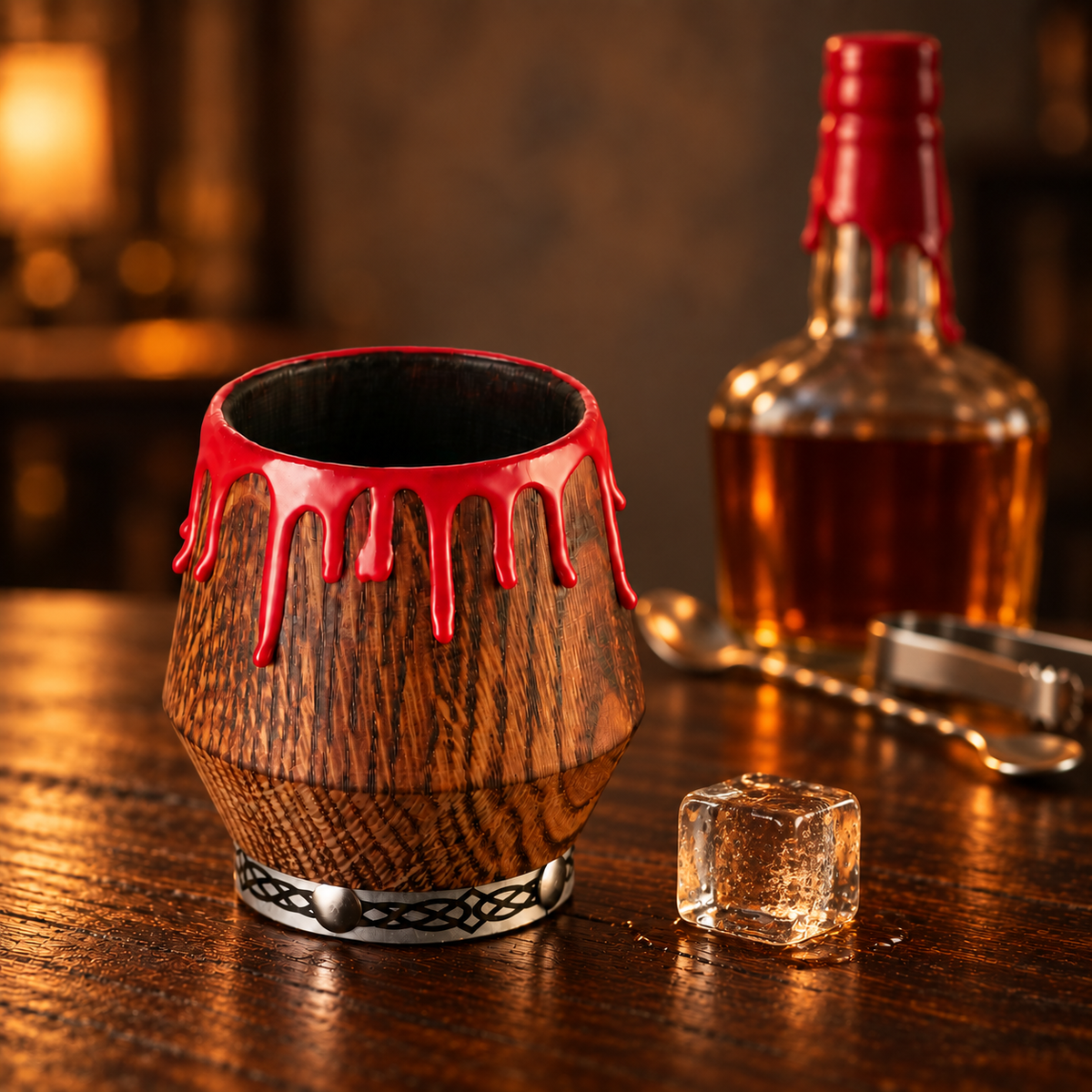 Oak whiskey glass with red drip detail displayed with bourbon bottle in a warm home bar setting