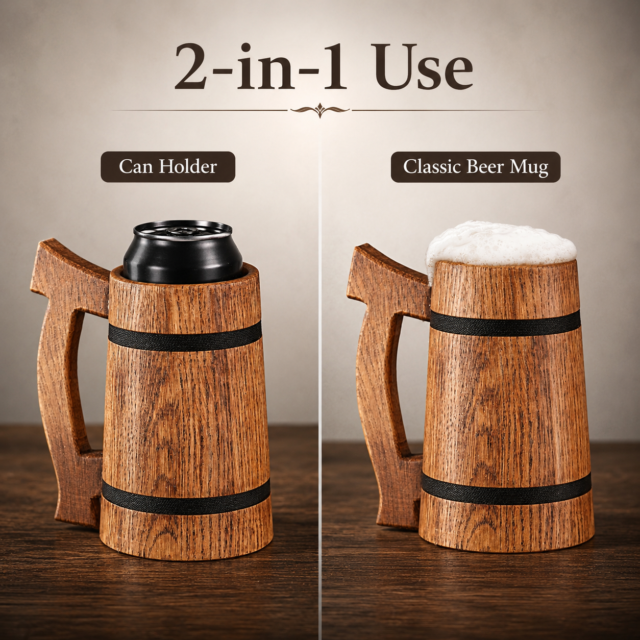 2-in-1 rustic oak beer stein shown as a wooden can holder and classic beer mug.