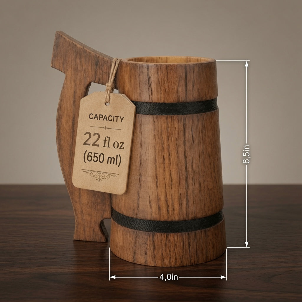 22 oz rustic oak beer stein with size tag, handcrafted wooden tankard for beer lovers.