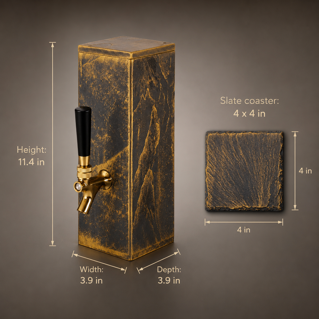 Size guide for black slate whiskey dispenser showing height, width, depth, and 4 x 4 inch slate coaster.