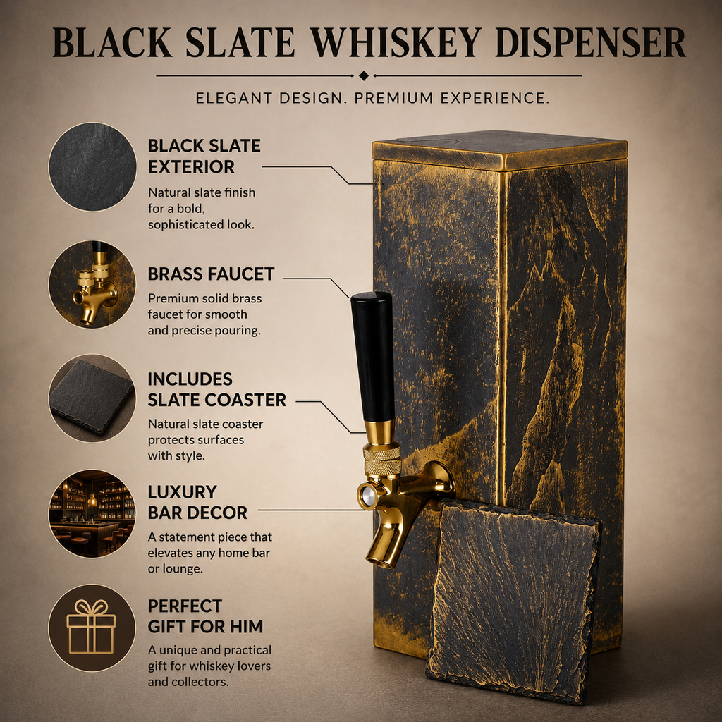 Feature infographic for black slate whiskey dispenser with brass faucet, slate body, gold-toned finish, and included slate coaster.