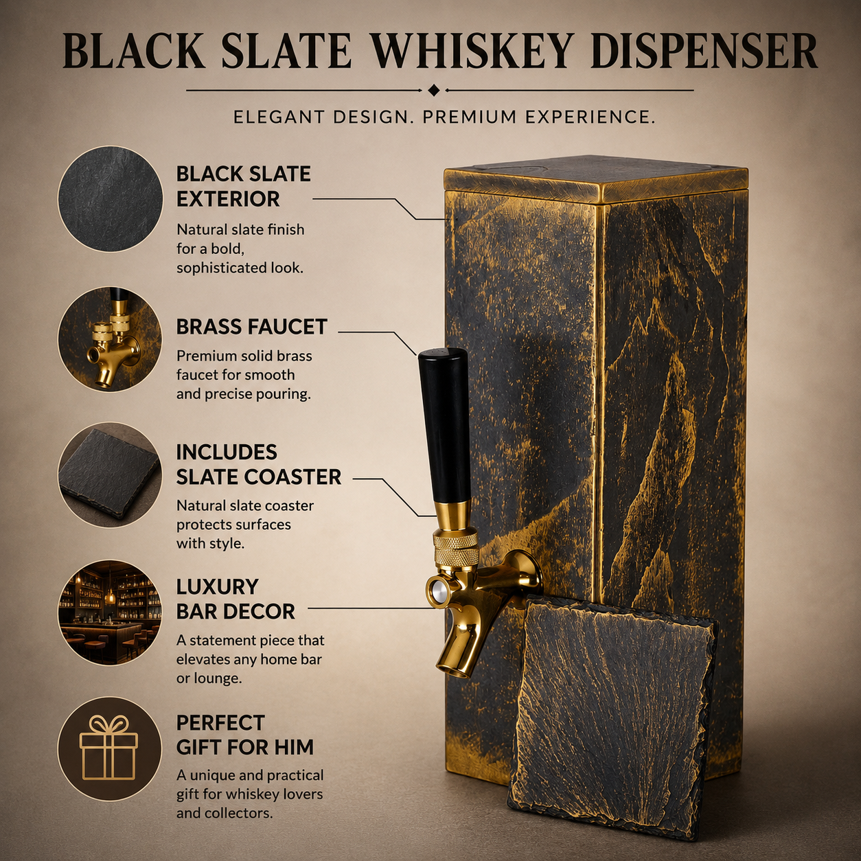 Feature infographic for black slate whiskey dispenser with brass faucet, slate body, gold-toned finish, and included slate coaster.