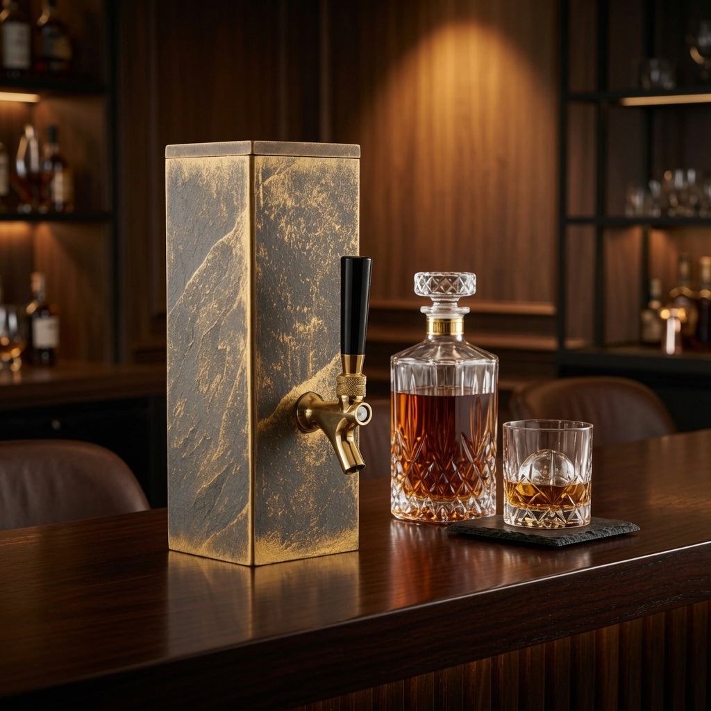 Black slate whiskey dispenser displayed in a warm home bar setting with brass faucet and luxury bar decor style.