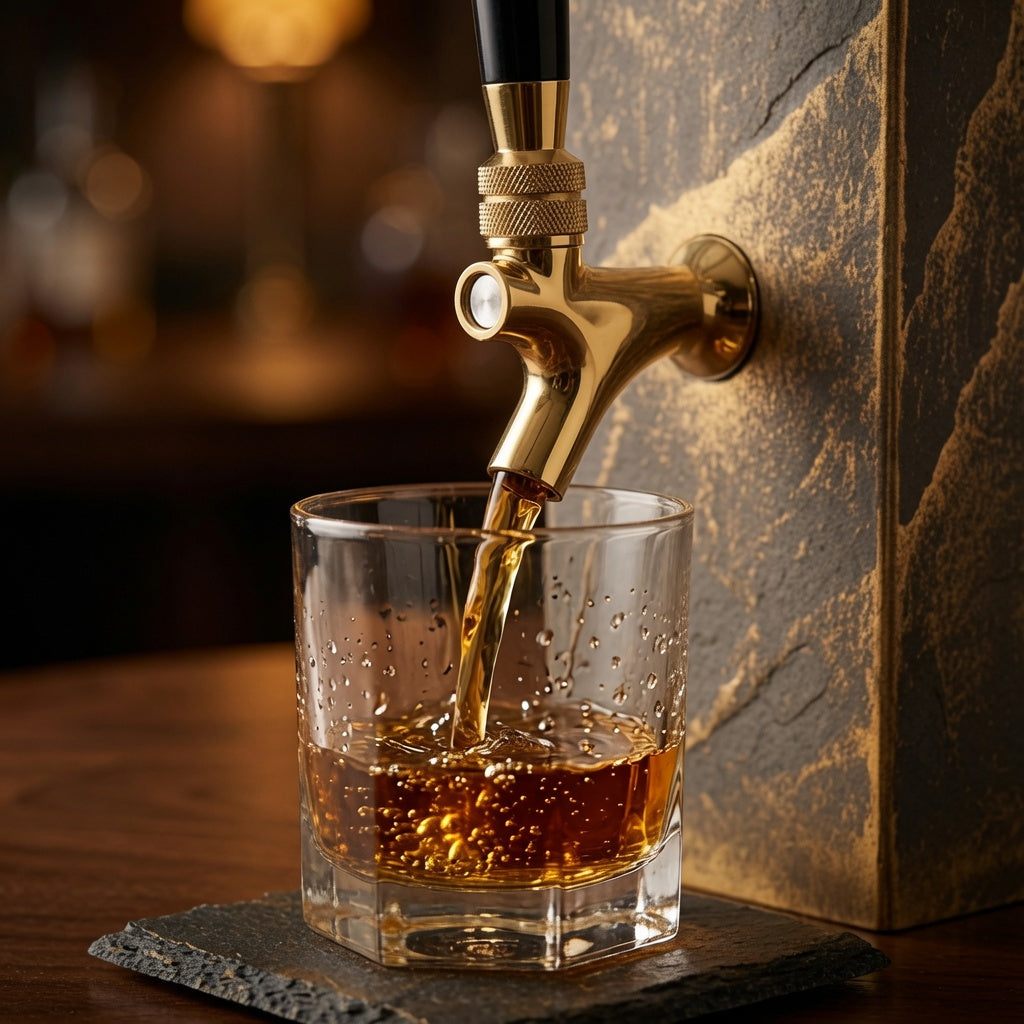 Black slate whiskey dispenser with brass faucet pouring whiskey into a glass on a square slate coaster.