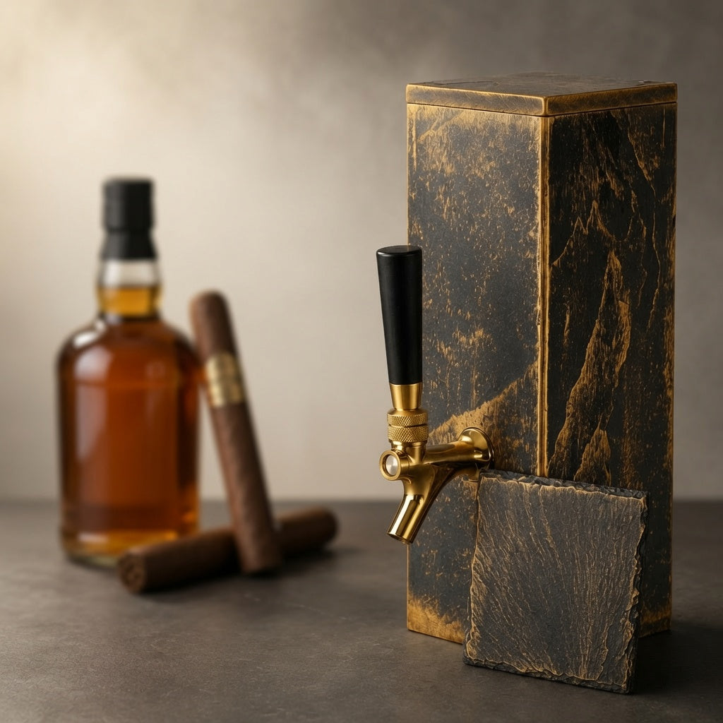 Black slate whiskey dispenser with brass faucet shown with whiskey bottle and glass for home bar styling.