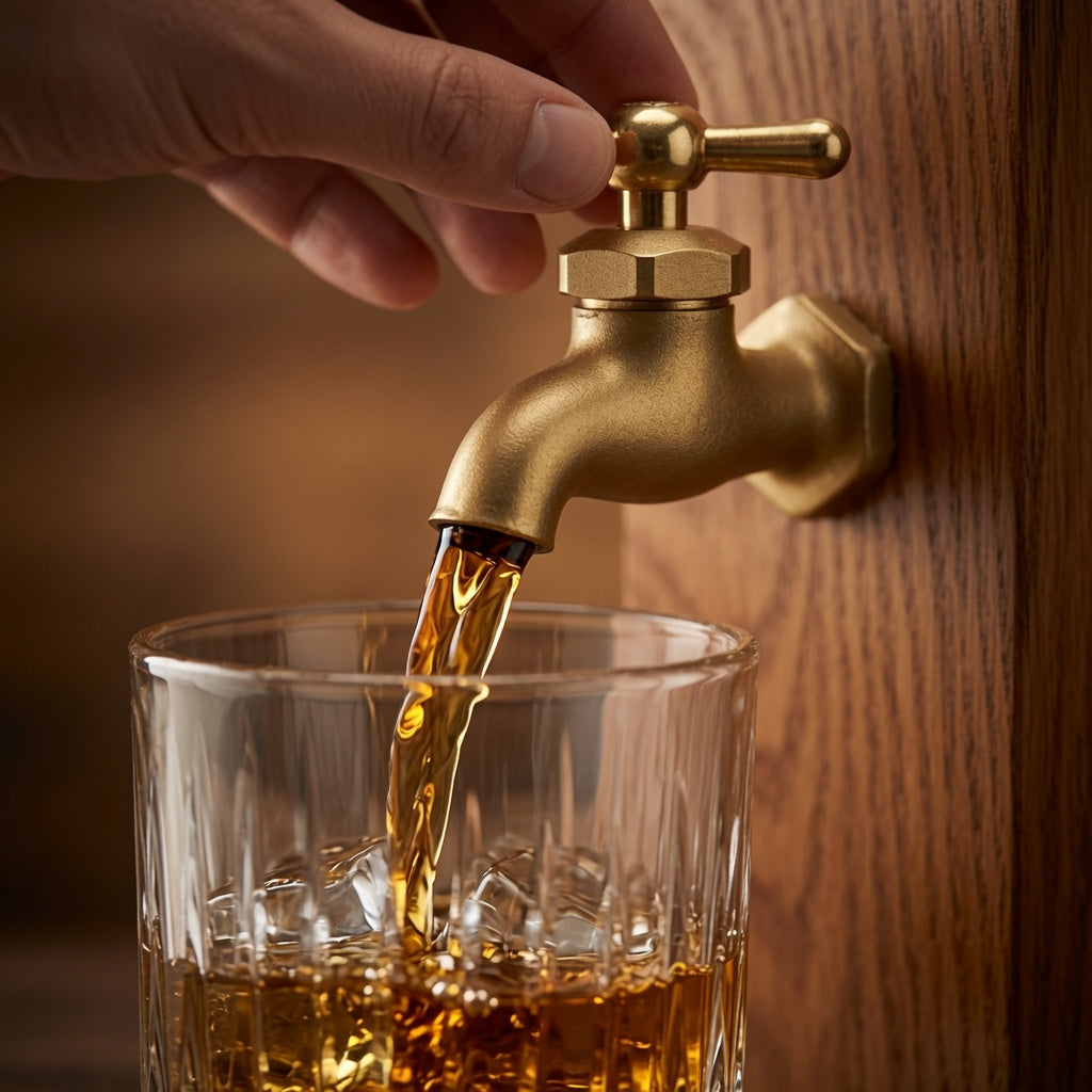 Close-up of brass faucet pouring whiskey from smooth lacquered oak whiskey dispenser
