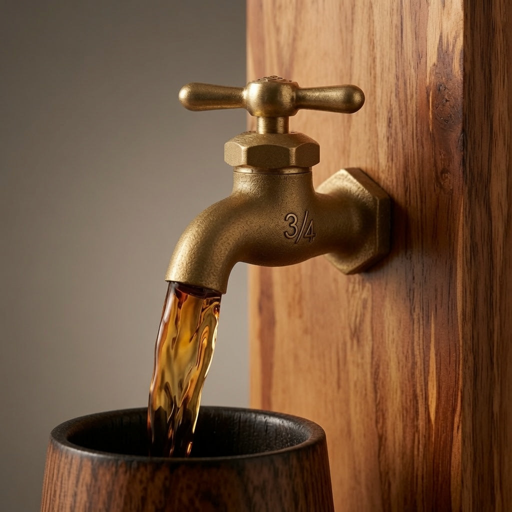 Close-up of brass faucet pouring whiskey from eucalyptus wood dispenser