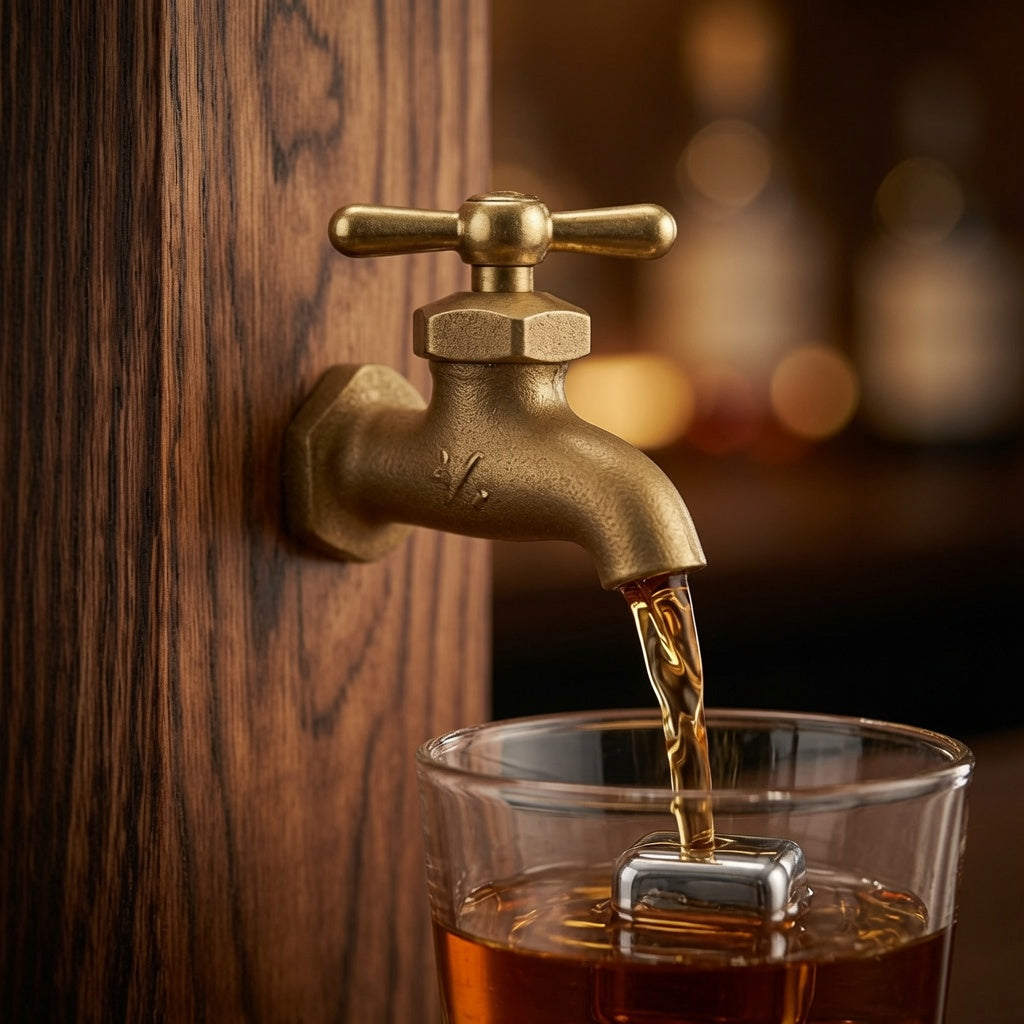 Close-up of brass faucet on handcrafted oak whiskey dispenser pouring into a glass.