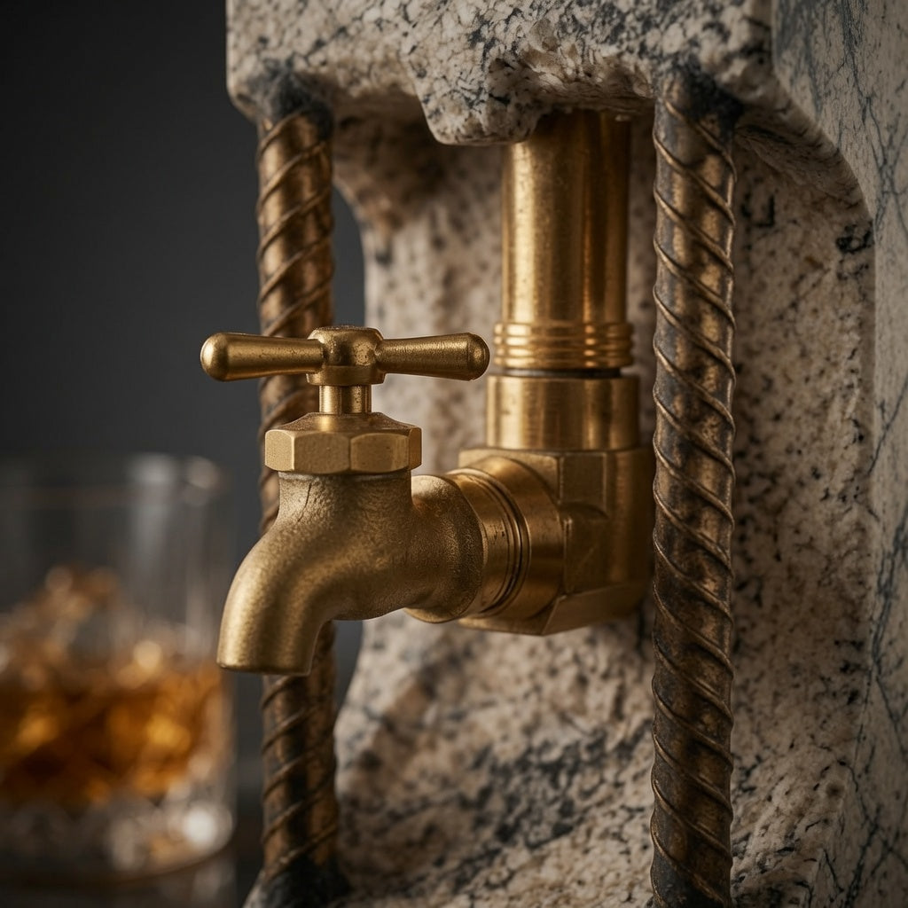 Close-up of brass-tone tap and rebar-style metal accents on handmade concrete liquor dispenser
