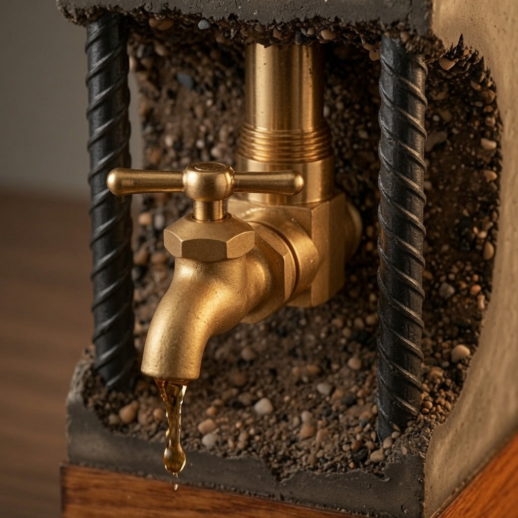 Close-up of brass tap, steel rebar, exposed concrete texture, and handmade dispenser details