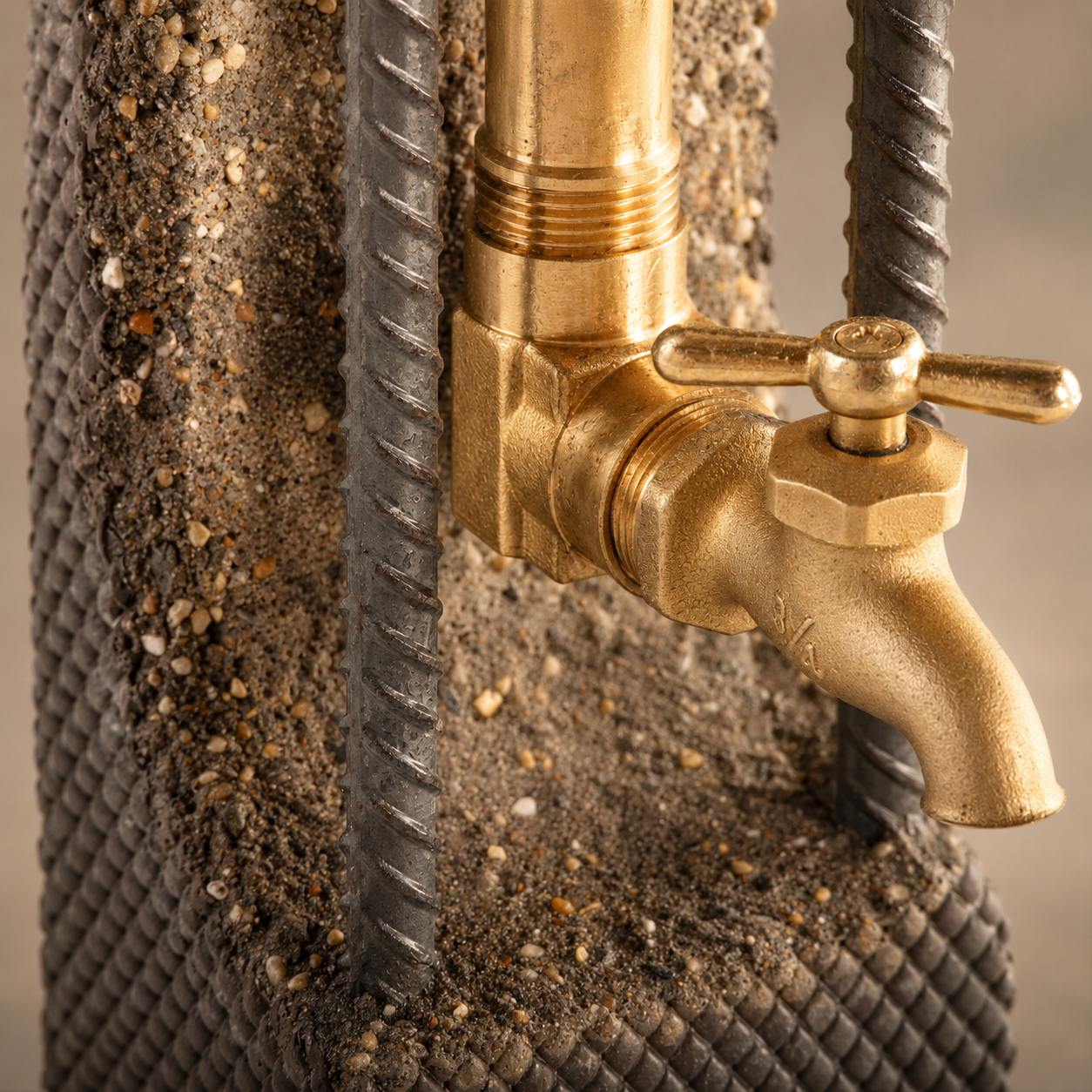 Close-up of brass tap, steel rods, and handcrafted concrete texture on whiskey dispenser