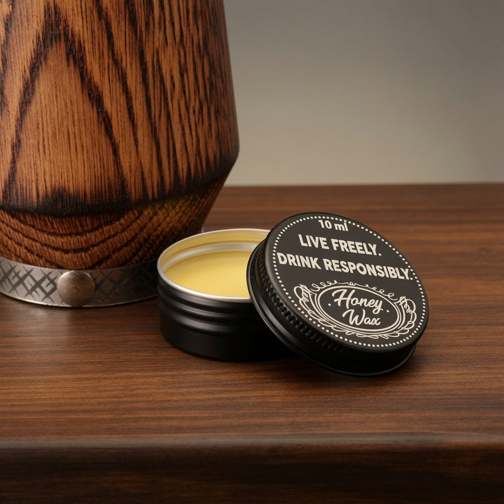 Charred oak whiskey glass with included care wax for maintaining the wooden surface.