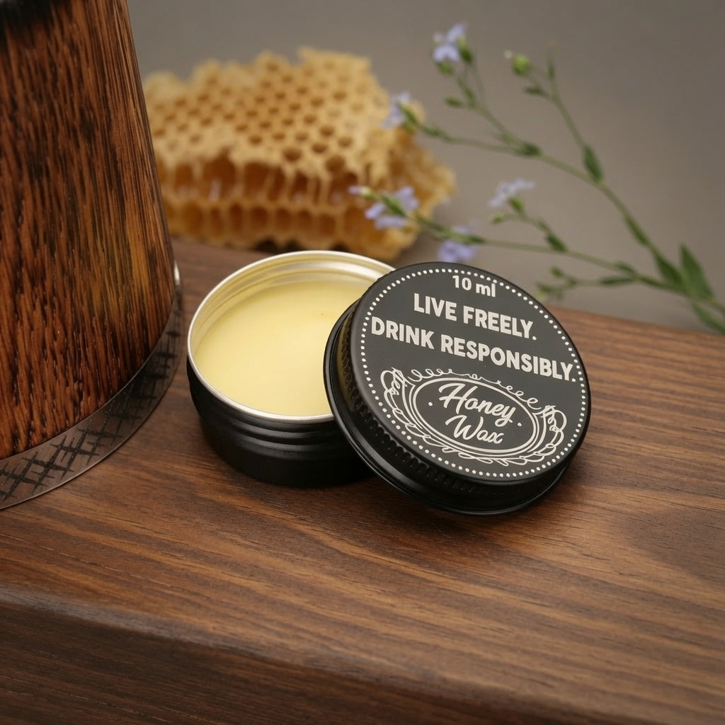 Charred oak whiskey tumbler with included wax-based care balm for wooden drinkware.