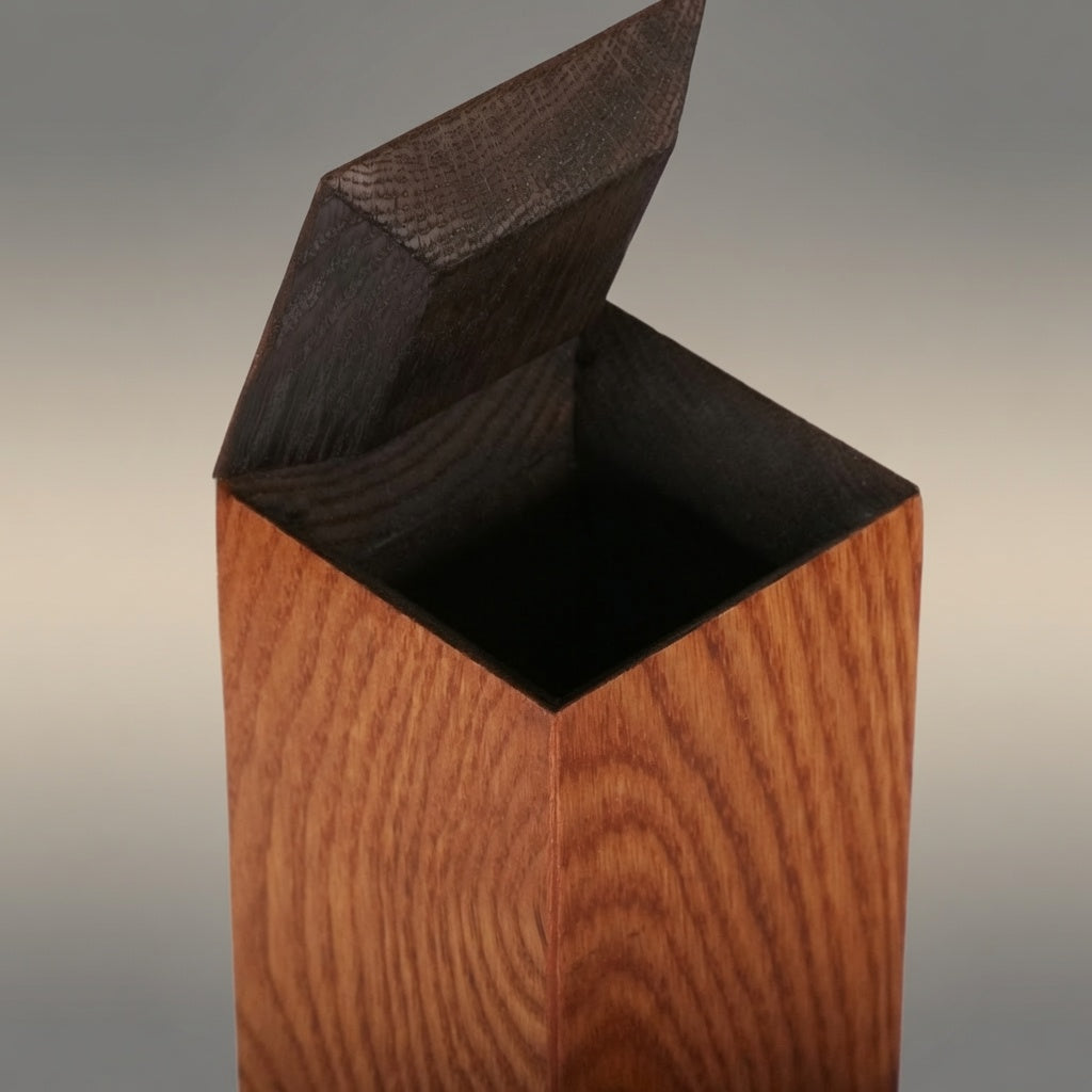 Open top view of classic oak whiskey dispenser showing flame-charred oak interior