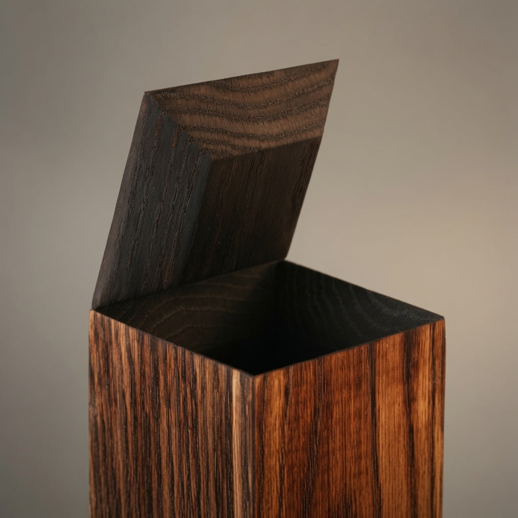 Open oak whiskey dispenser showing fire-charred interior and matching wooden lid.
