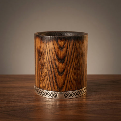 Charred oak bourbon tumbler handcrafted from natural wood on a warm wooden surface.