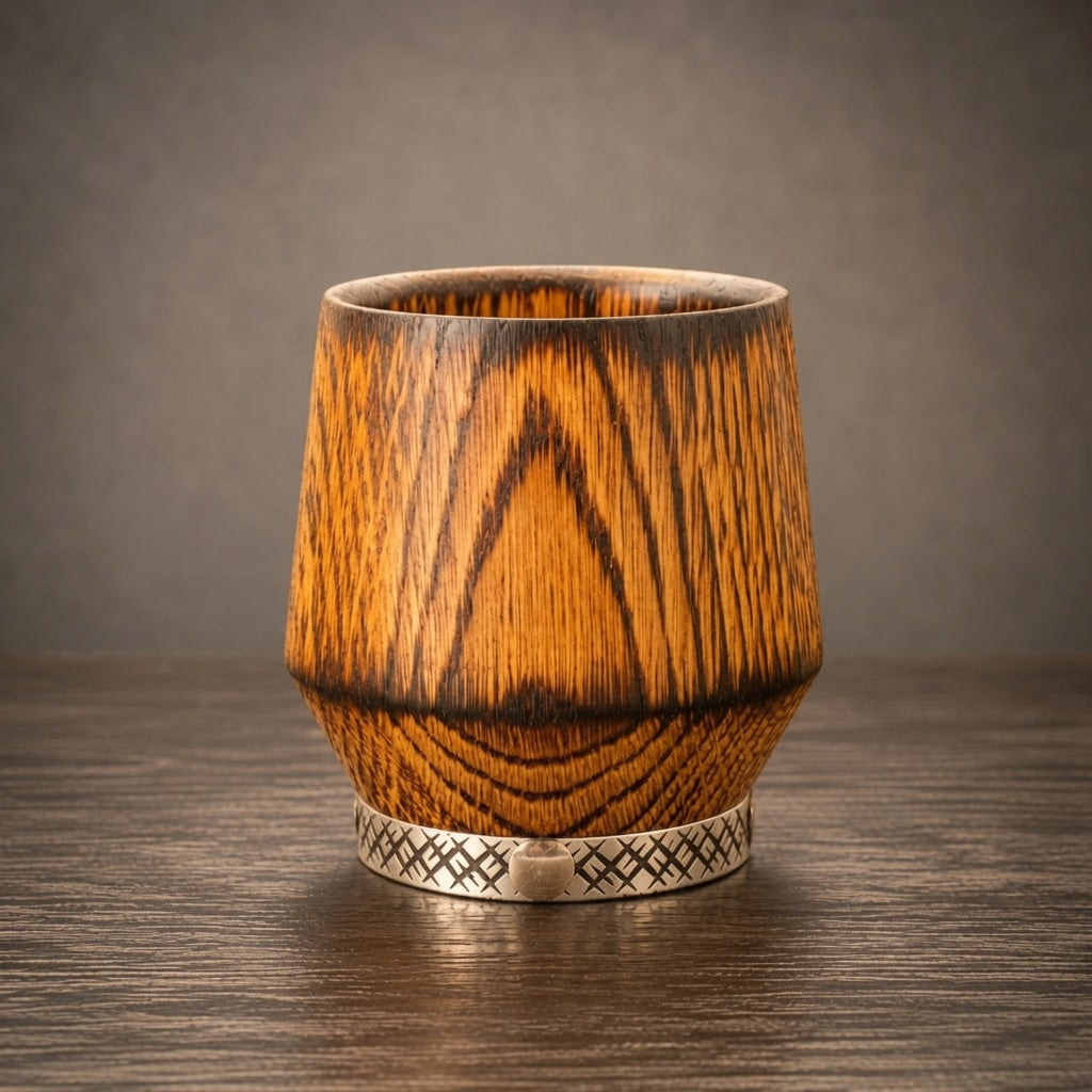 Charred oak whiskey glass with metal band on a dark wooden surface.