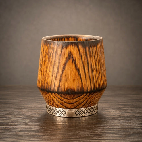 Charred oak whiskey glass with metal band on a dark wooden surface.
