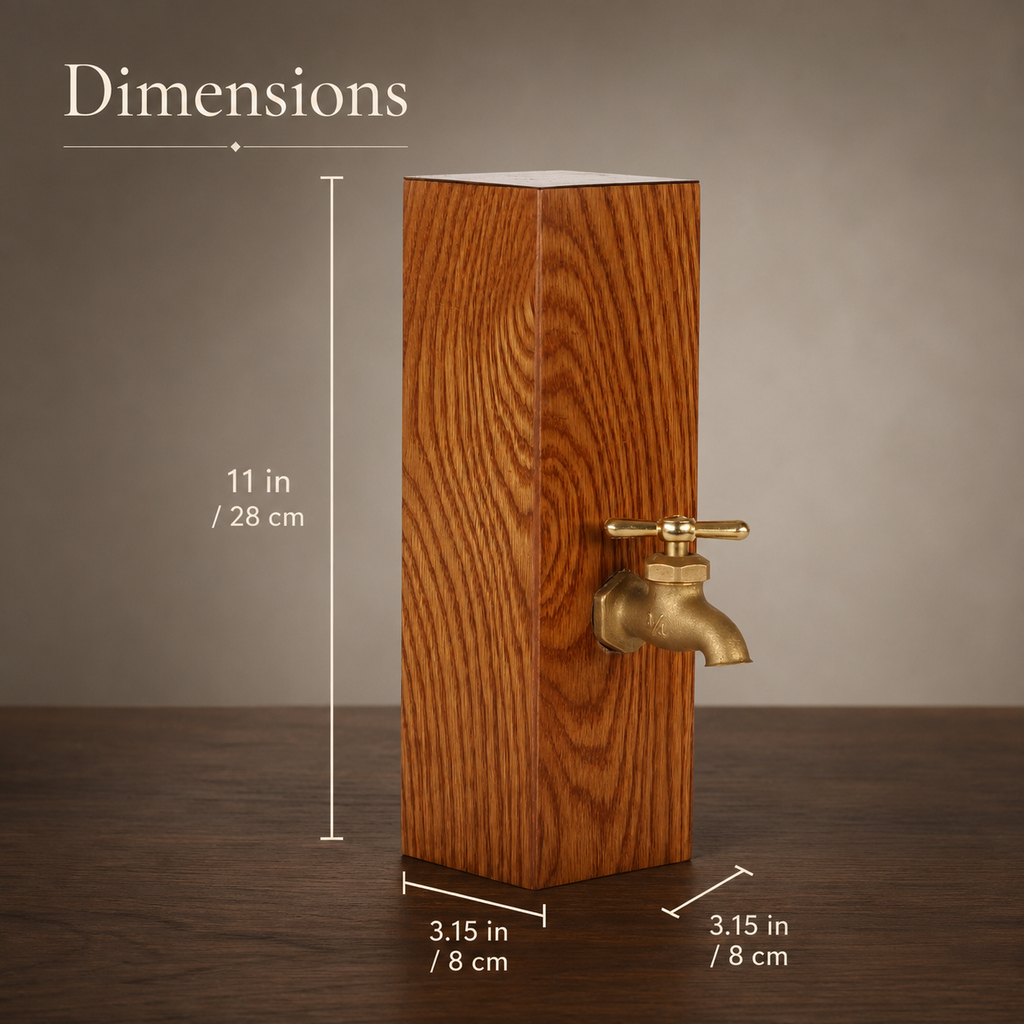 Size guide for classic oak whiskey dispenser with height, width, and depth dimensions