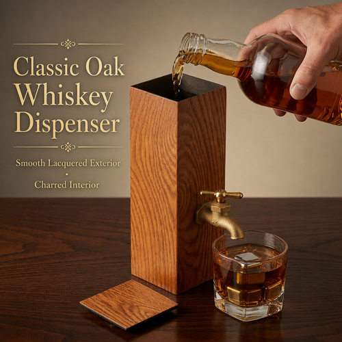 Classic oak whiskey dispenser with smooth lacquered exterior, charred interior, and brass faucet
