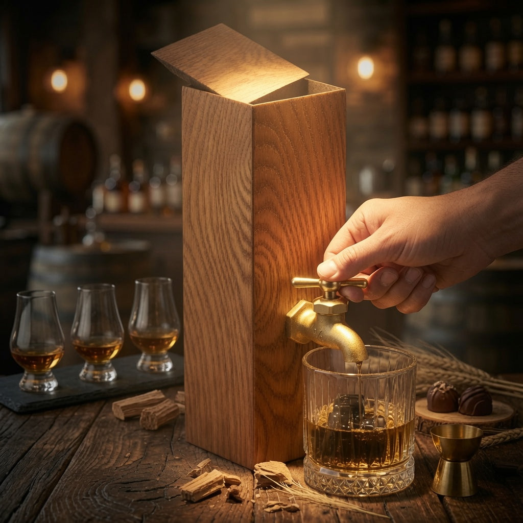 Classic oak whiskey dispenser displayed in a warm home bar setting with brass faucet and oak wood grain