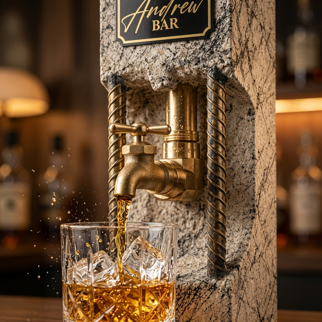 Concrete liquor dispenser with brass tap pouring whiskey into a glass, custom home bar gift for him