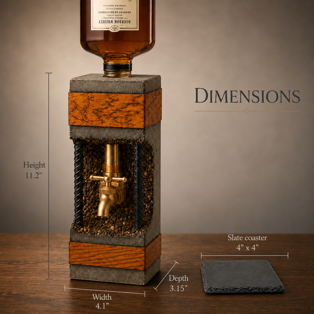 Size guide for concrete and oak whiskey dispenser with slate coaster and product dimensions