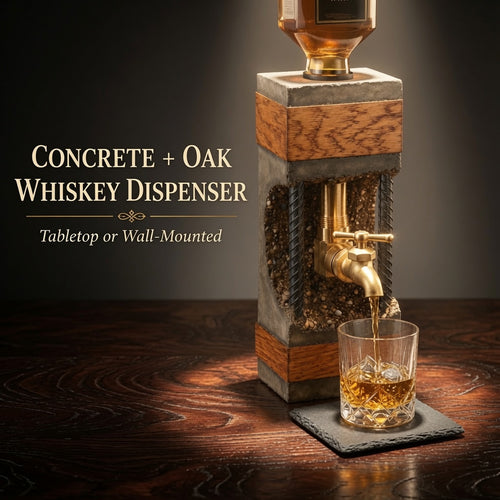 Concrete and oak whiskey dispenser with brass tap, steel rebar accents, and slate coaster