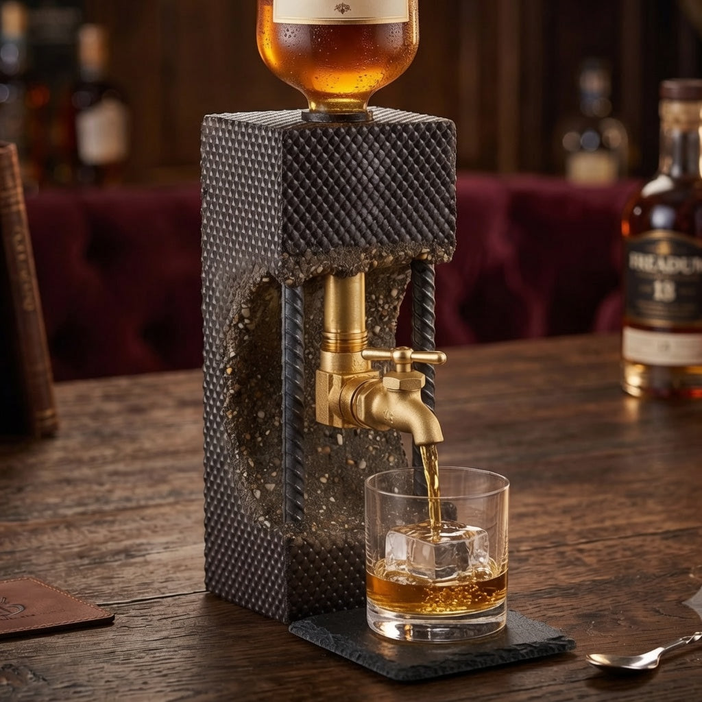 Concrete whiskey dispenser pouring bourbon into a glass on black slate coaster