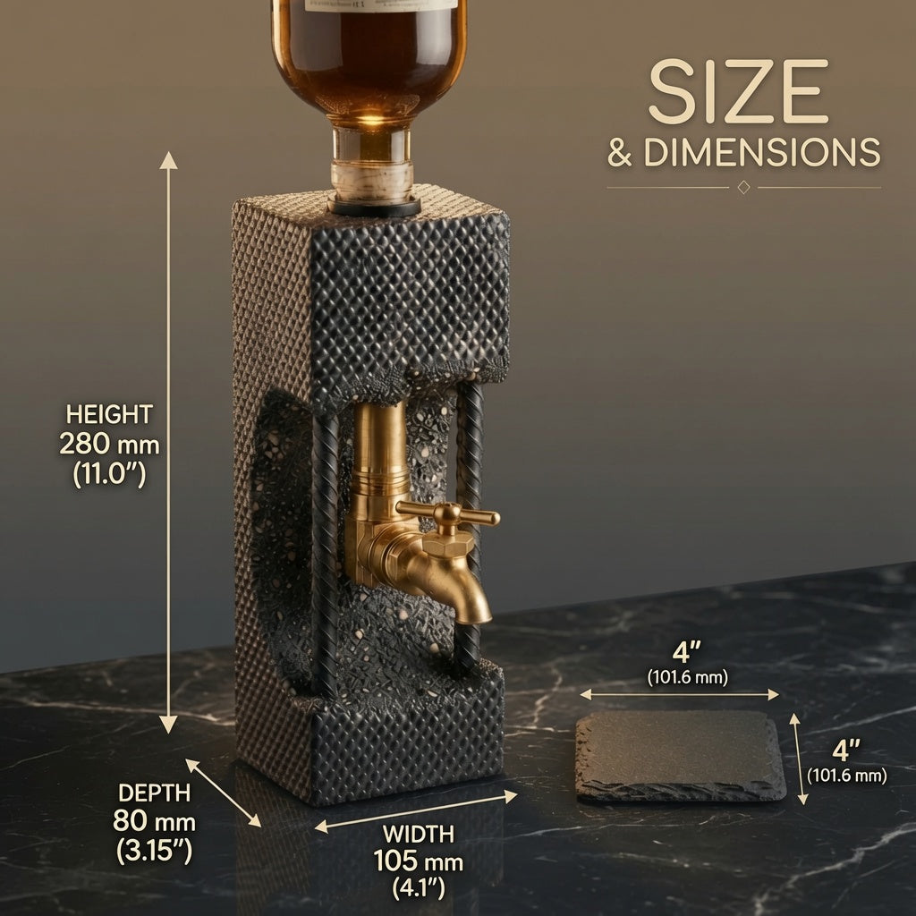 Concrete whiskey dispenser size guide with dimensions and 4 inch square slate coaster