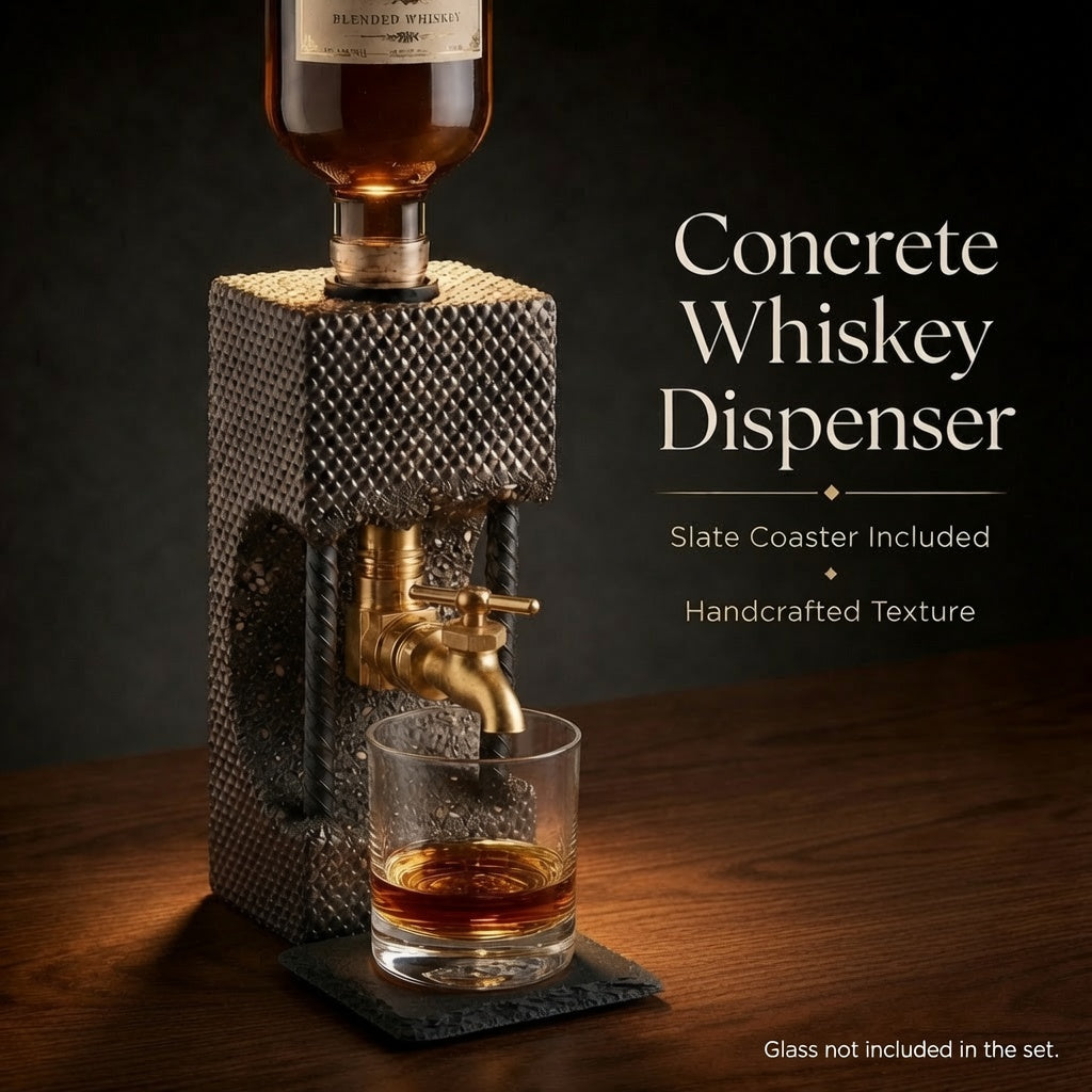 Concrete whiskey dispenser with brass tap, handcrafted texture, and slate coaster included